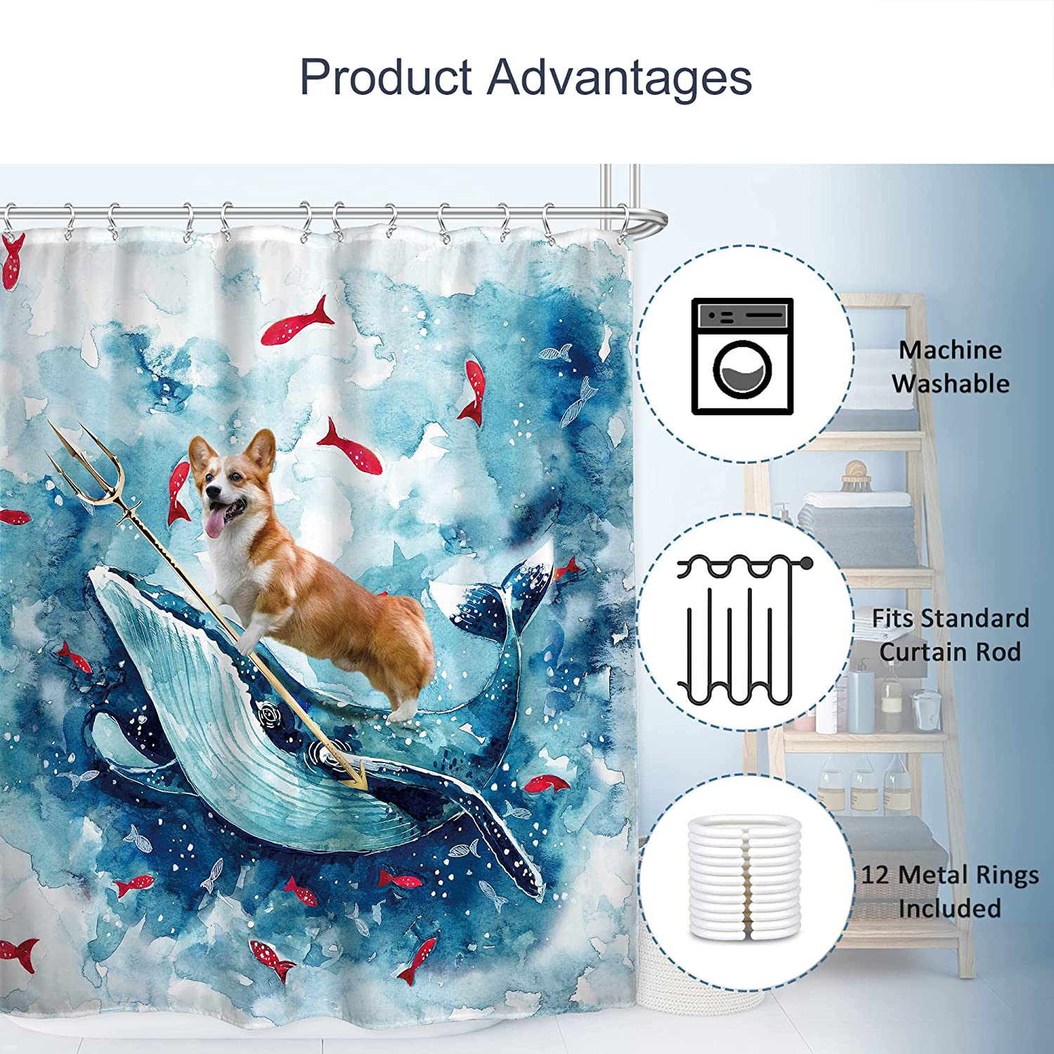 Fun Nautical Whale And Corgi Riding With Blue Shower Curtain, Children Watercolor Cloth Fabric Bathroom Decor - Image 3