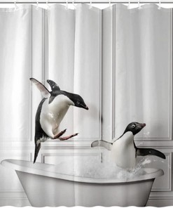 Fun Penguin Animal Print Shower Curtain Cool Waterproof Fabric Bathroom Decoration