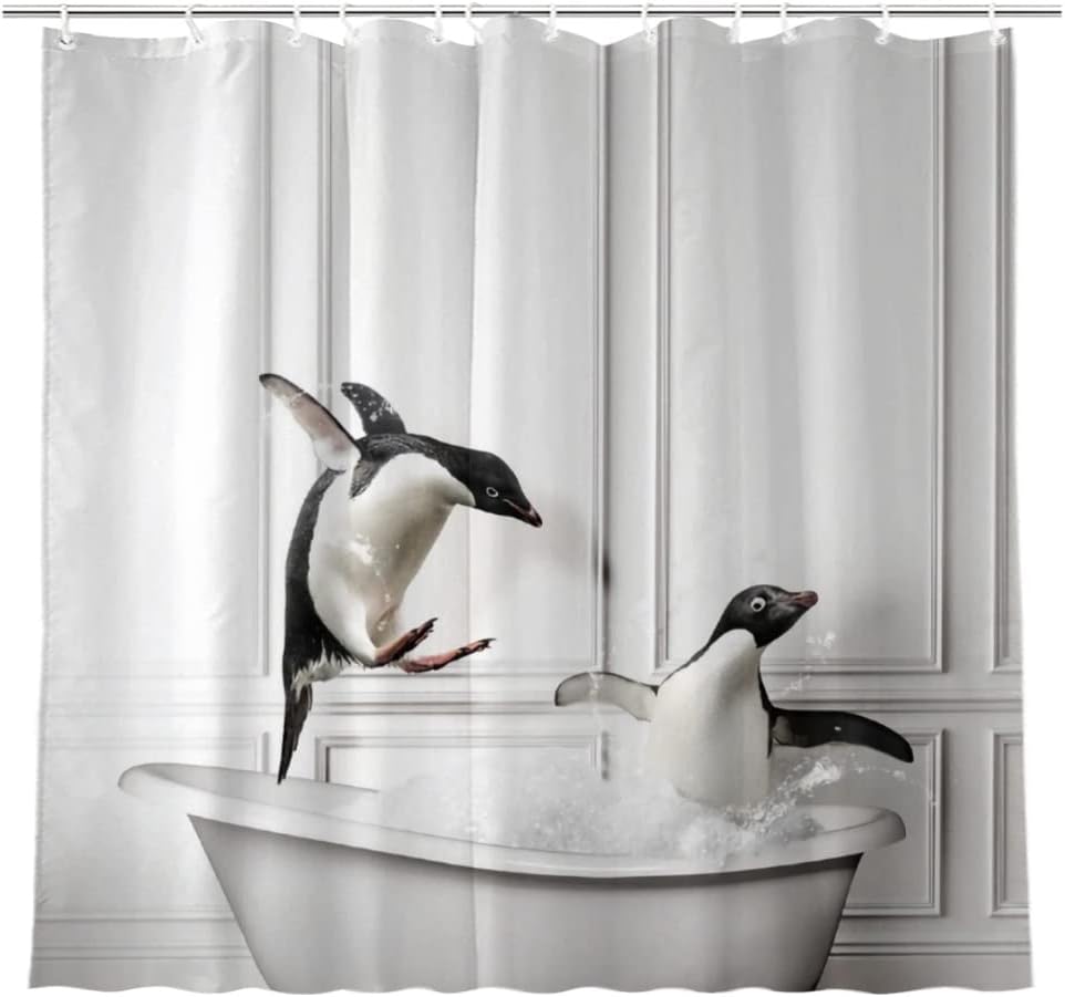 Fun Penguin Animal Print Shower Curtain Cool Waterproof Fabric Bathroom Decoration
