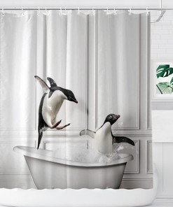 Fun Penguin Animal Print Shower Curtain Cool Waterproof Fabric Bathroom Decoration