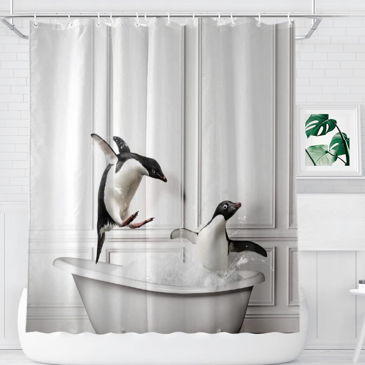 Fun Penguin Animal Print Shower Curtain Cool Waterproof Fabric Bathroom Decoration
