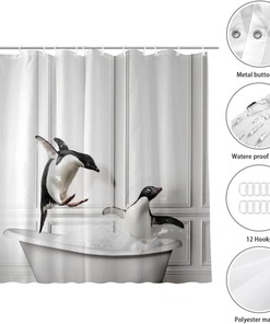 Fun Penguin Animal Print Shower Curtain Cool Waterproof Fabric Bathroom Decoration