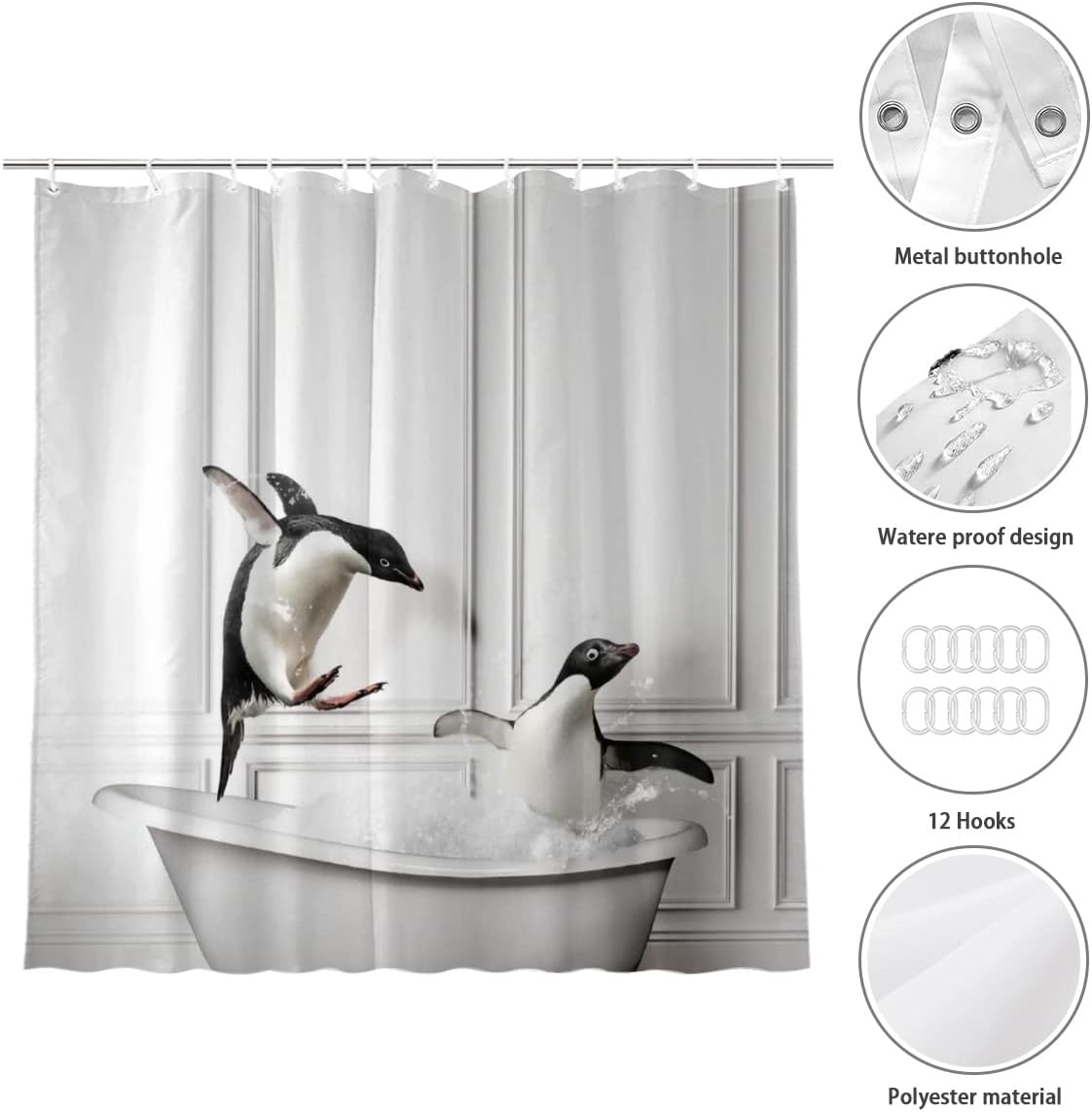 Fun Penguin Animal Print Shower Curtain Cool Waterproof Fabric Bathroom Decoration