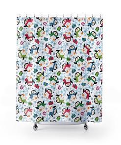 Fun Penguins and Snowflakes Print Shower Curtain, Fabric Christmas Shower Curtain