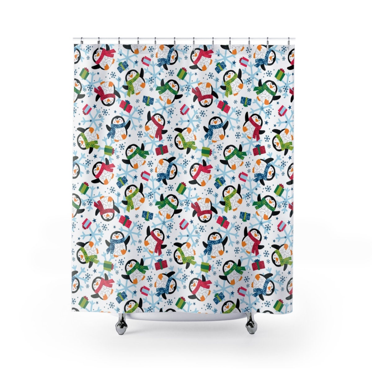 Fun Penguins and Snowflakes Print Shower Curtain, Fabric Christmas Shower Curtain