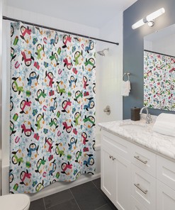 Fun Penguins and Snowflakes Print Shower Curtain, Fabric Christmas Shower Curtain