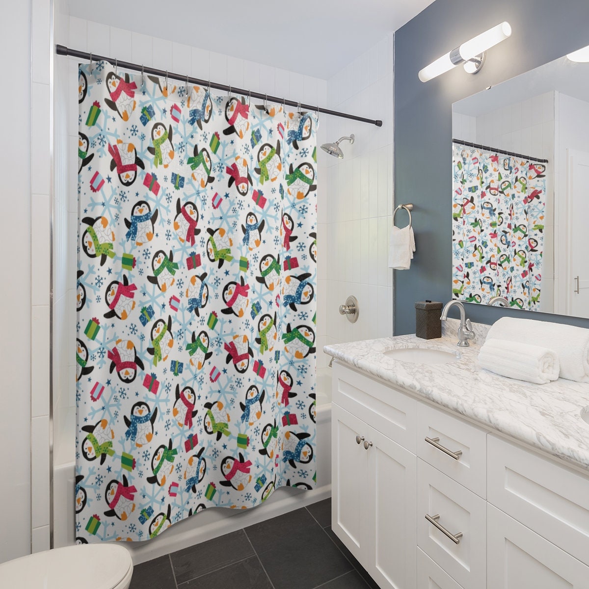 Fun Penguins and Snowflakes Print Shower Curtain, Fabric Christmas Shower Curtain