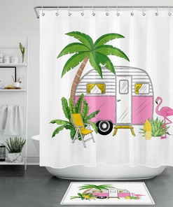 Fun Picnic Car Flamingo Palm Leaf Shower Curtain for A Quirky Bathroom Decor