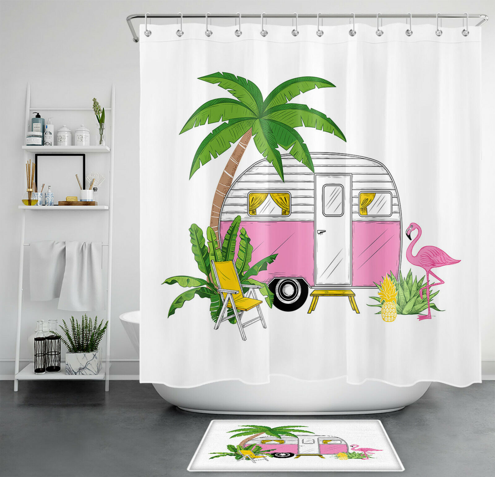 Fun Picnic Car Flamingo Palm Leaf Shower Curtain for A Quirky Bathroom Decor