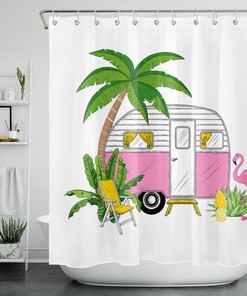 Fun Picnic Car Flamingo Palm Leaf Shower Curtain for A Quirky Bathroom Decor