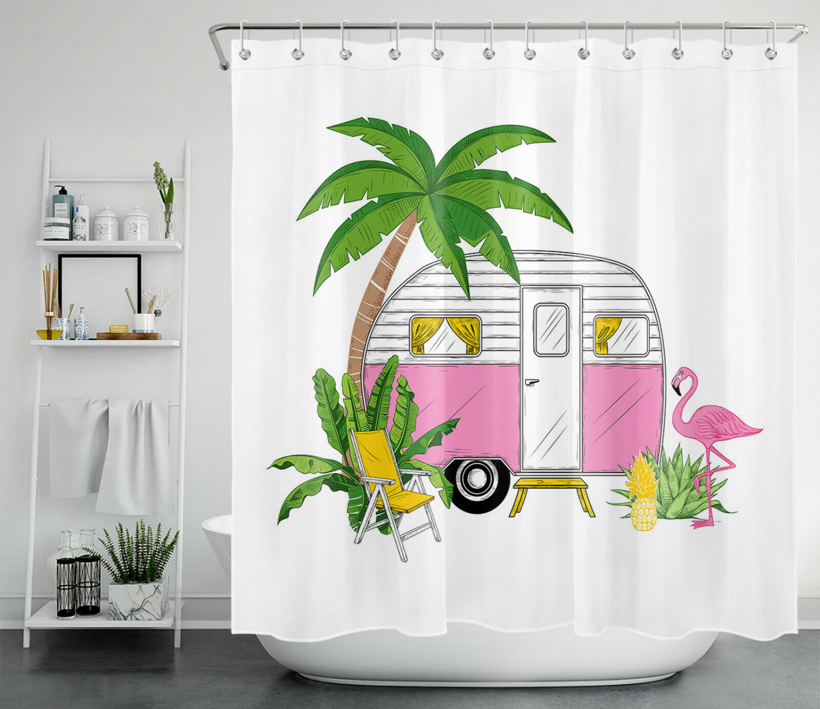 Fun Picnic Car Flamingo Palm Leaf Shower Curtain for A Quirky Bathroom Decor