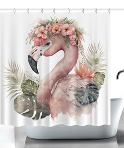 Fun Pink Flamingo and Tropical Palm Leaves Shower Curtain for Relaxing Bathroom Decor