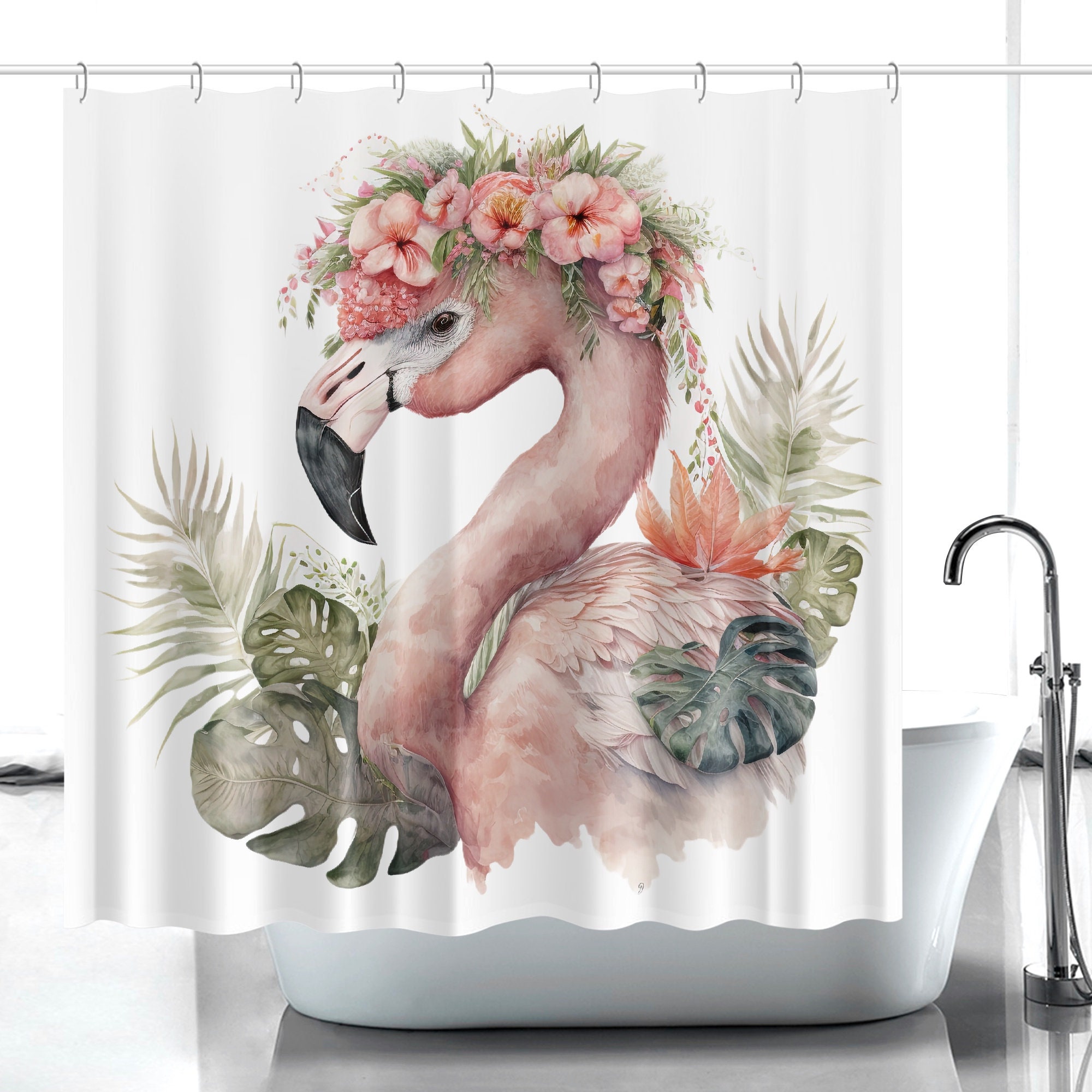 Fun Pink Flamingo and Tropical Palm Leaves Shower Curtain for Relaxing Bathroom Decor