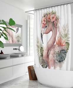 Fun Pink Flamingo and Tropical Palm Leaves Shower Curtain for Relaxing Bathroom Decor