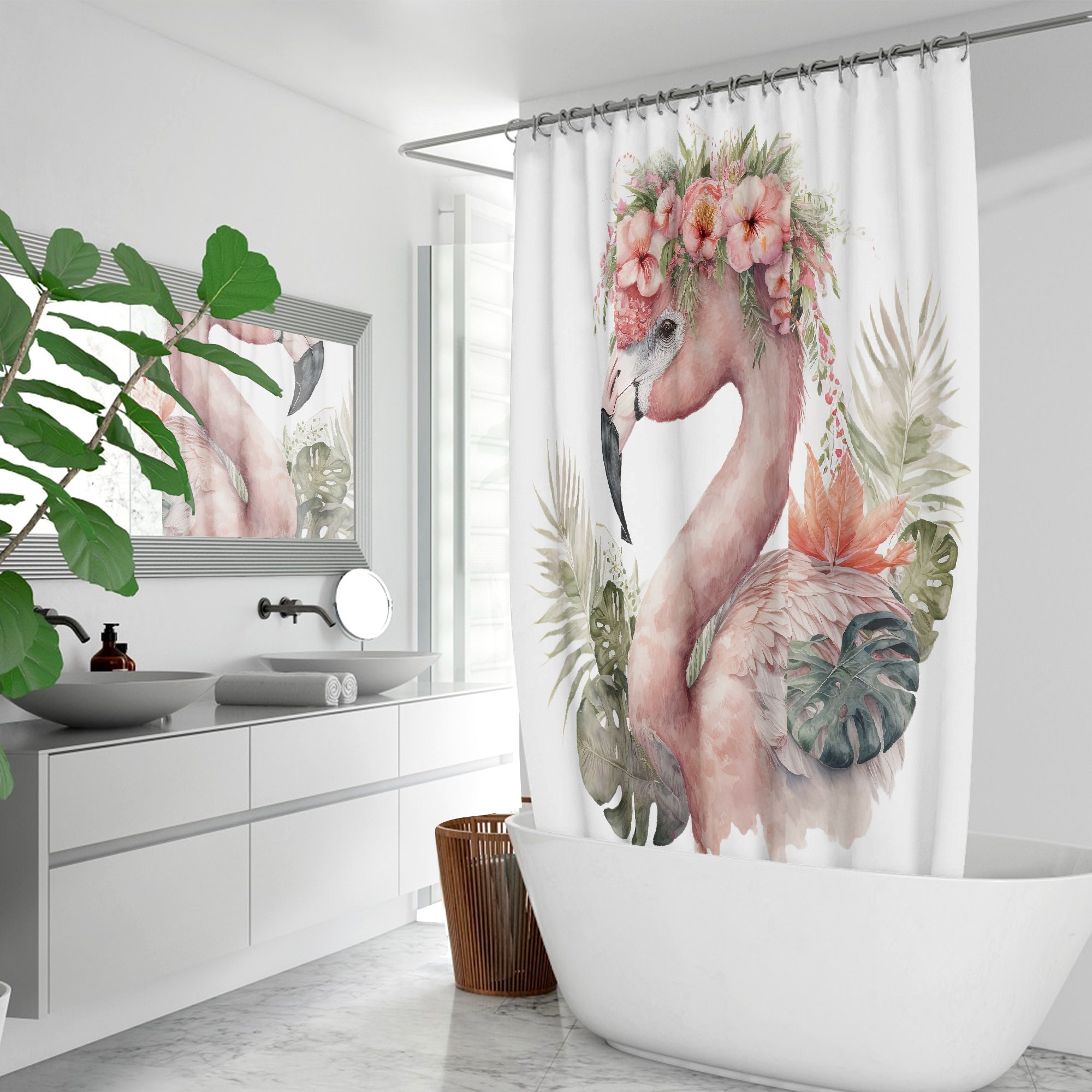 Fun Pink Flamingo and Tropical Palm Leaves Shower Curtain for Relaxing Bathroom Decor