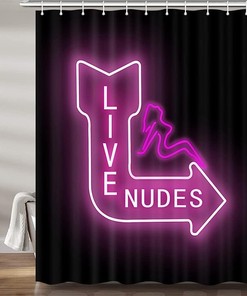 Fun Pink Neon Signs Live Nudes Shower Curtain Set for Unique Restroom Decor