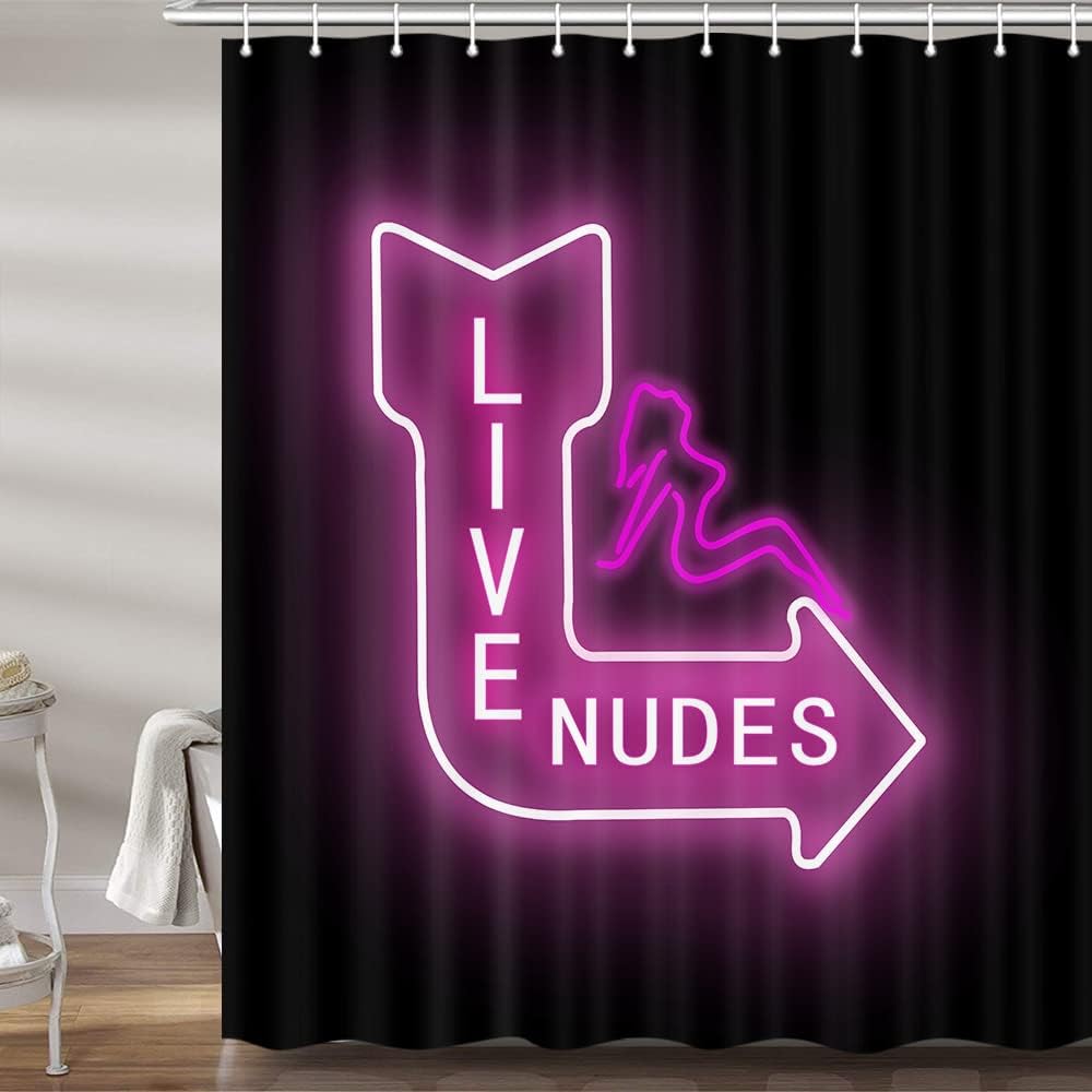 Fun Pink Neon Signs Live Nudes Shower Curtain Set for Unique Restroom Decor