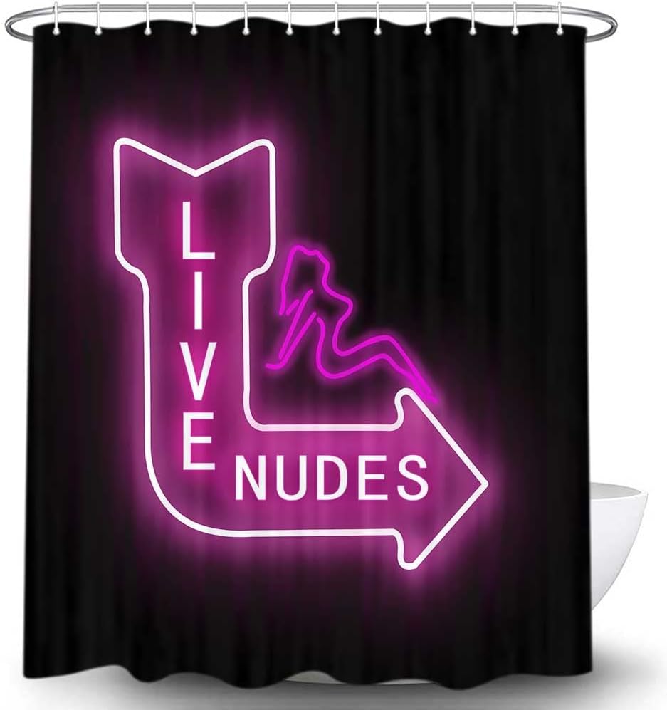 Fun Pink Neon Signs Live Nudes Shower Curtain Set for Unique Restroom Decor