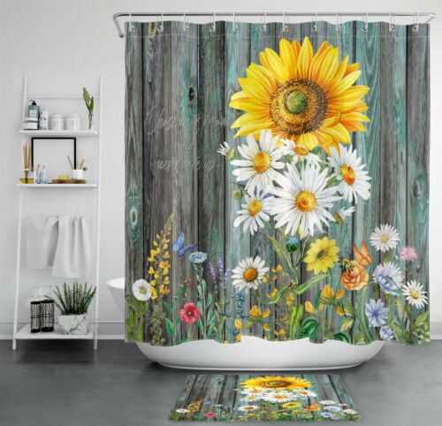 Fun Rustic Sunflower and Daisy Shower Curtain for Farmhouse Bathroom Decor