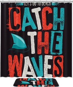 Fun Shark Slogan Surfing Shower Curtain - Durable and Waterproof Fabric with Fun and Quirky Design