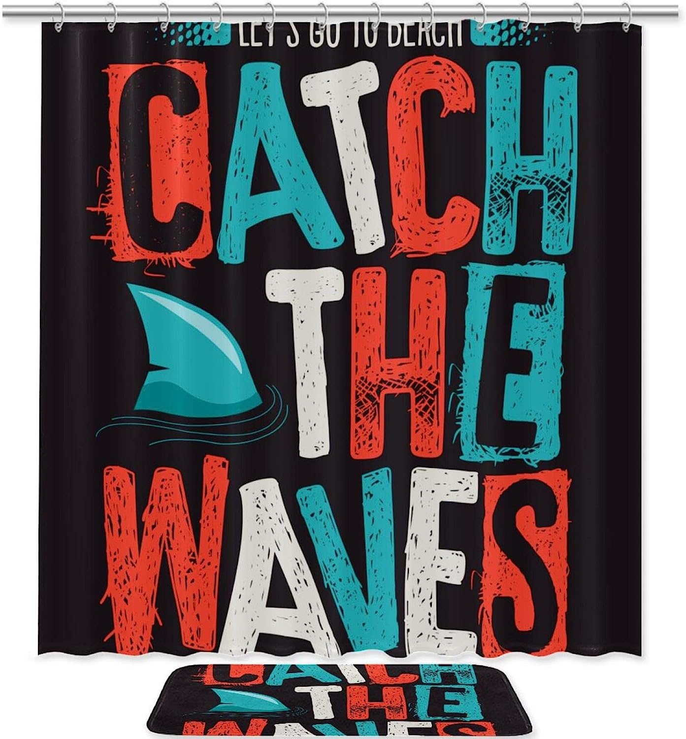 Fun Shark Slogan Surfing Shower Curtain - Durable and Waterproof Fabric with Fun and Quirky Design
