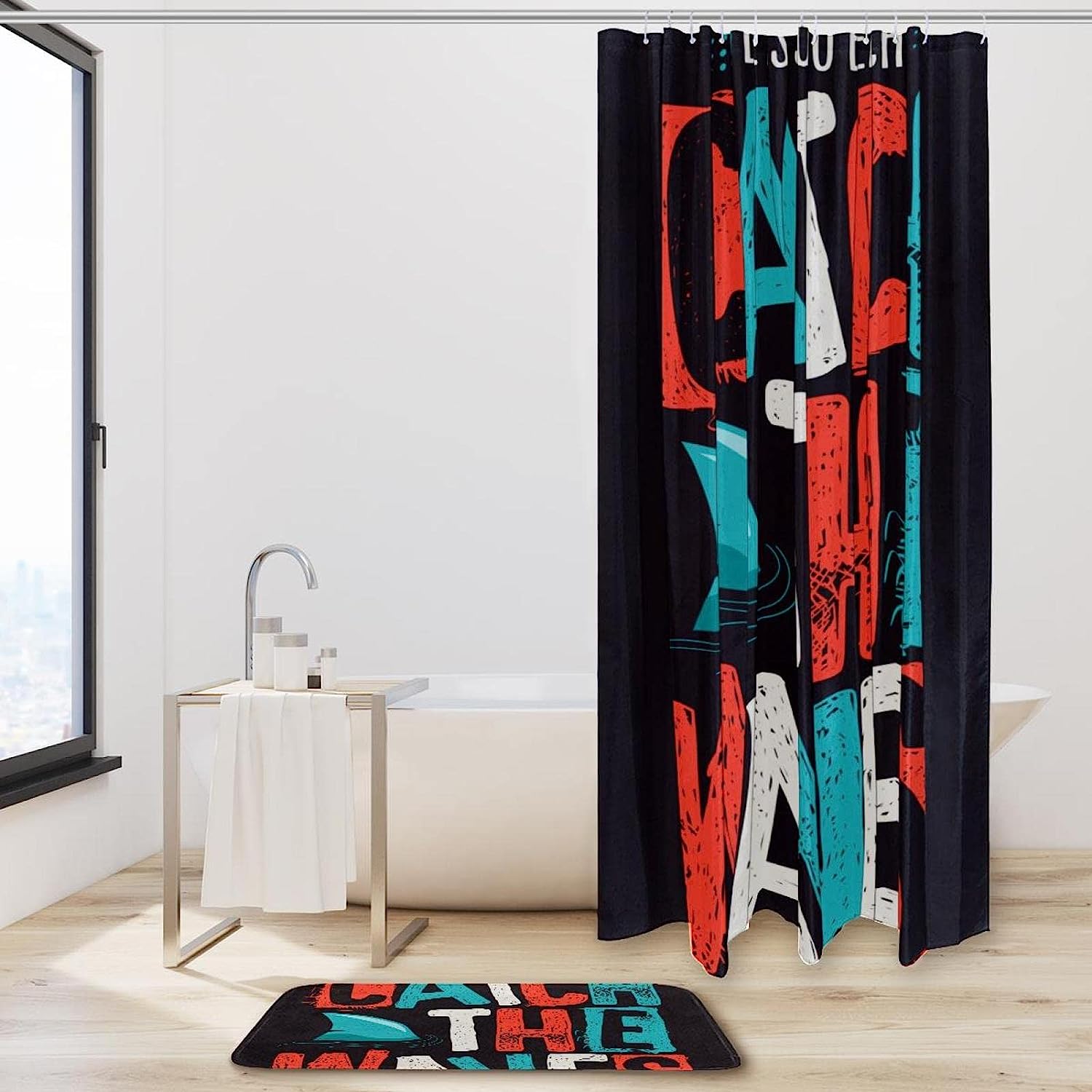 Fun Shark Slogan Surfing Shower Curtain - Durable and Waterproof Fabric with Fun and Quirky Design
