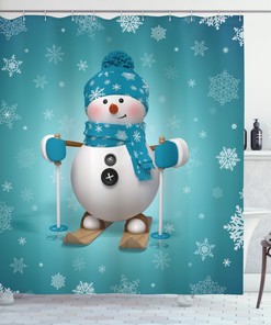 Fun Snowman Skiing on Snowflakes Print Shower Curtain for Bathroom Decor