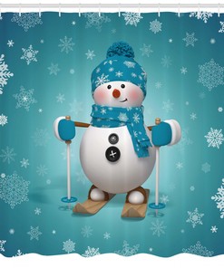 Fun Snowman Skiing on Snowflakes Print Shower Curtain for Bathroom Decor
