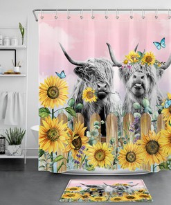 Fun Sunflower Lavender Highland Cow Shower Curtain to Uplift Your Bathroom Vibes