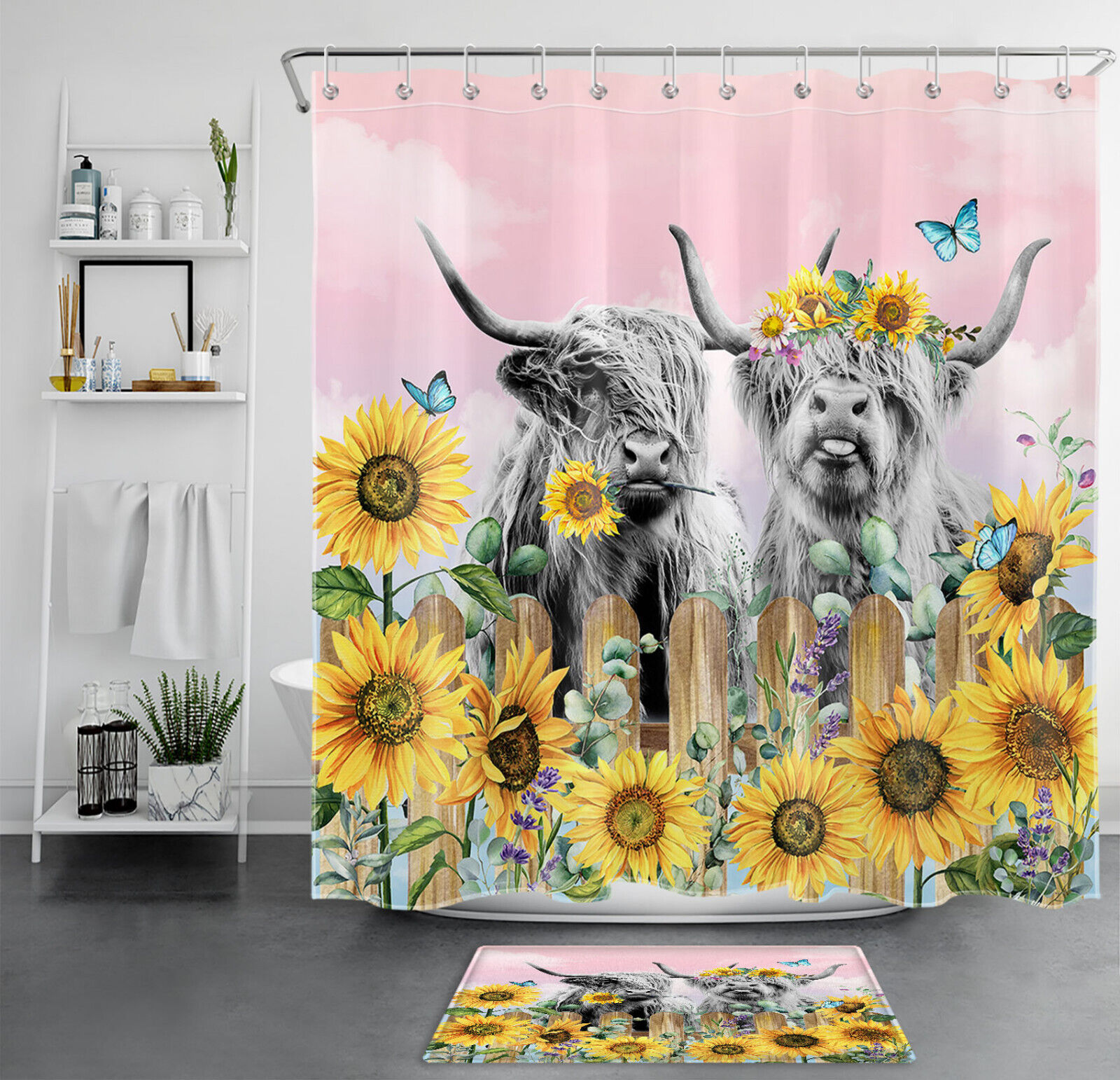 Fun Sunflower Lavender Highland Cow Shower Curtain to Uplift Your Bathroom Vibes