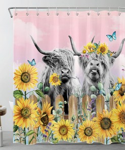 Fun Sunflower Lavender Highland Cow Shower Curtain to Uplift Your Bathroom Vibes