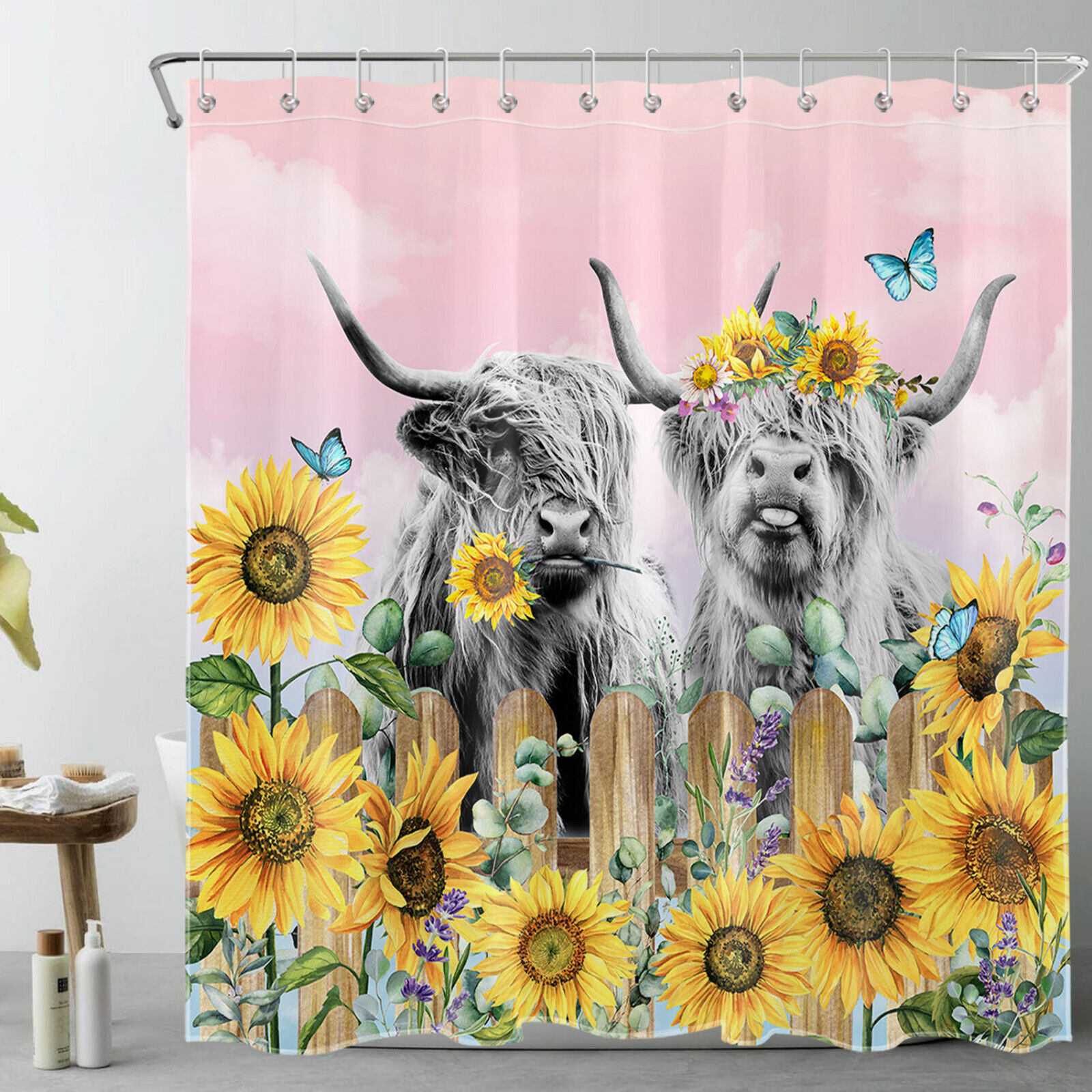 Fun Sunflower Lavender Highland Cow Shower Curtain to Uplift Your Bathroom Vibes