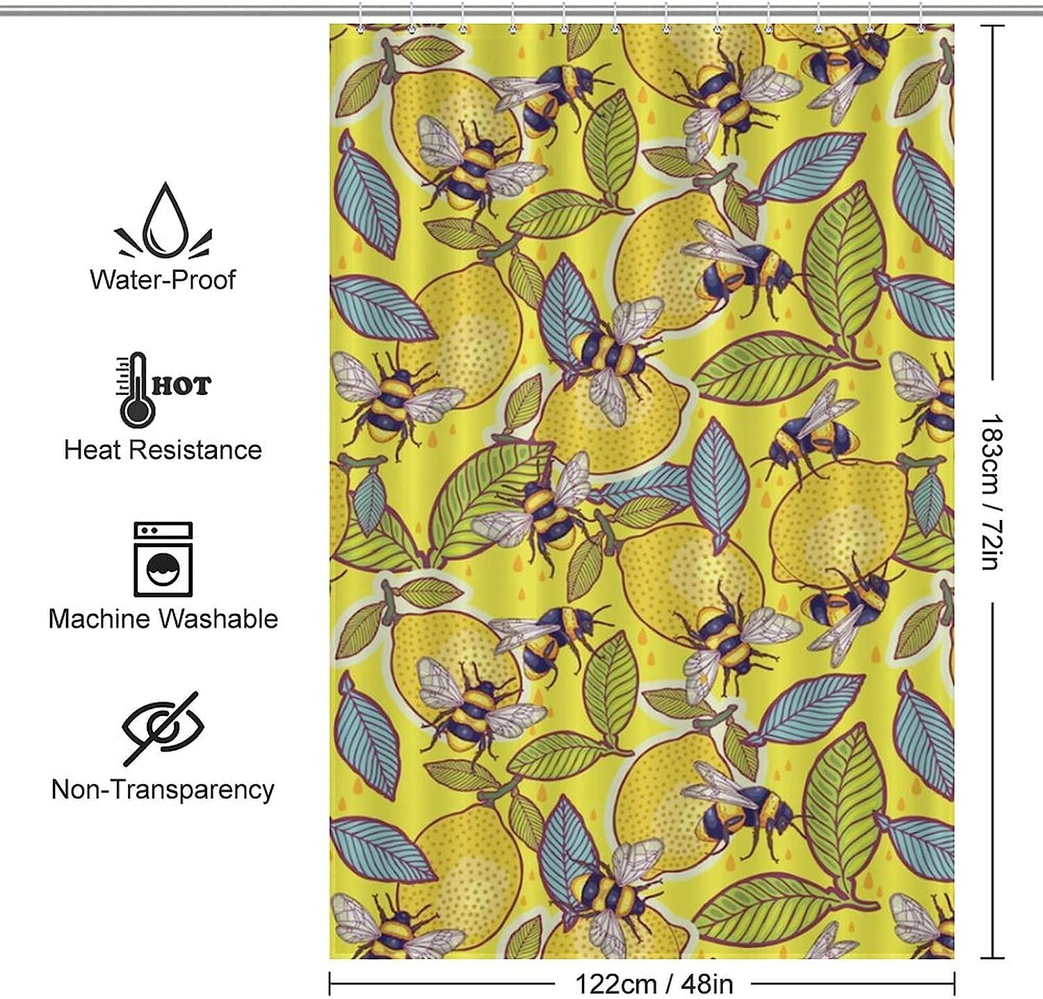 Fun Yellow Lemon Bee Shower Curtain with Printed Pattern for a Splash of Color in Your Bathroom