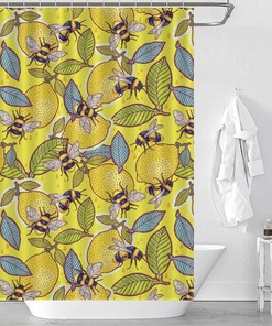 Fun Yellow Lemon Bee Shower Curtain with Printed Pattern for a Splash of Color in Your Bathroom