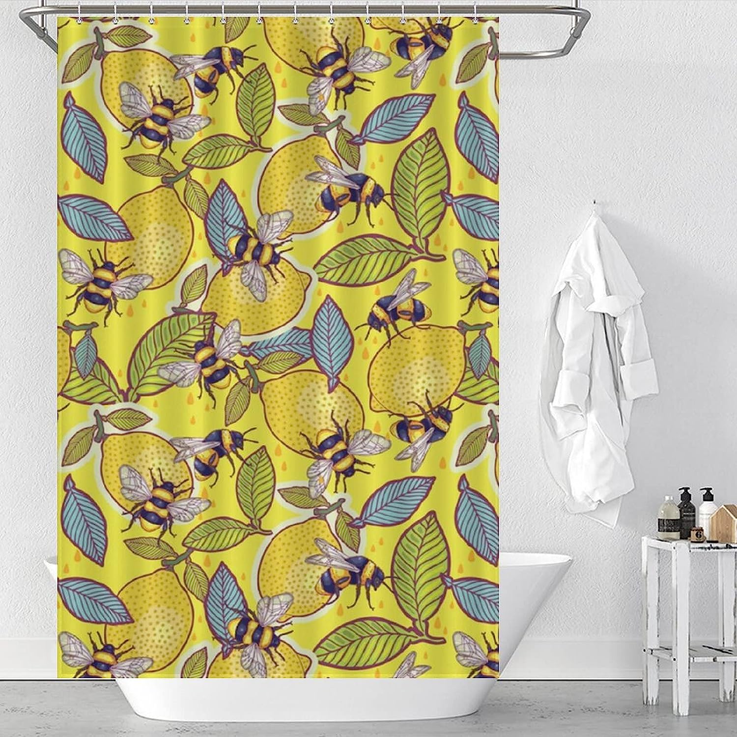 Fun Yellow Lemon Bee Shower Curtain with Printed Pattern for a Splash of Color in Your Bathroom