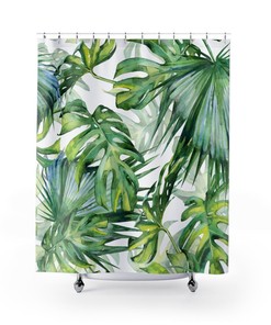 Fun and Creative Jungle Bathroom Decor Shower Curtain with Monstera and Watercolor Plant
