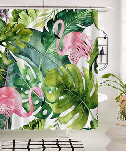Fun and Creative Tropical Plant Pink Flamingos With Palm Leaves Shower Curtain for Bathroom