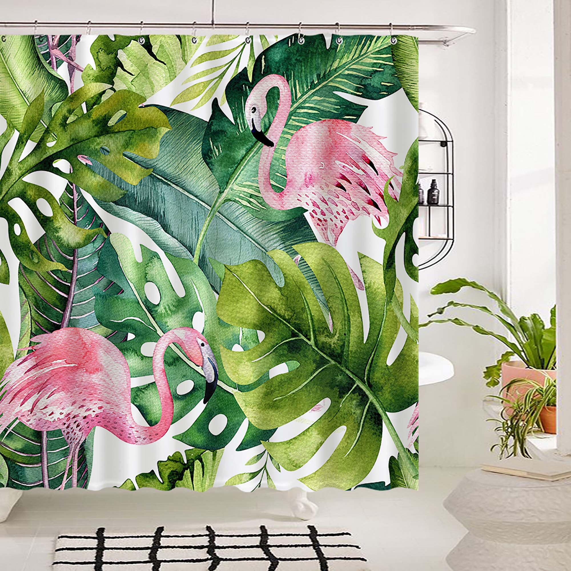 Fun and Creative Tropical Plant Pink Flamingos With Palm Leaves Shower Curtain for Bathroom