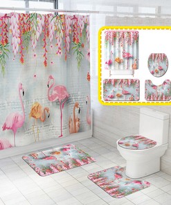 Fun and Funky Tropical Flower and Flamingo Shower Curtain Set