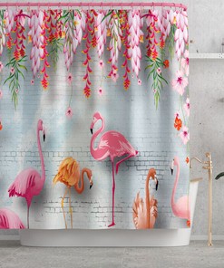 Fun and Funky Tropical Flower and Flamingo Shower Curtain Set
