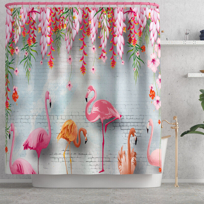 Fun and Funky Tropical Flower and Flamingo Shower Curtain Set