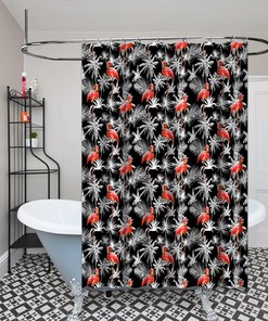Fun and Multidimensional Flamingo with Palm Leaves Print Shower Curtain