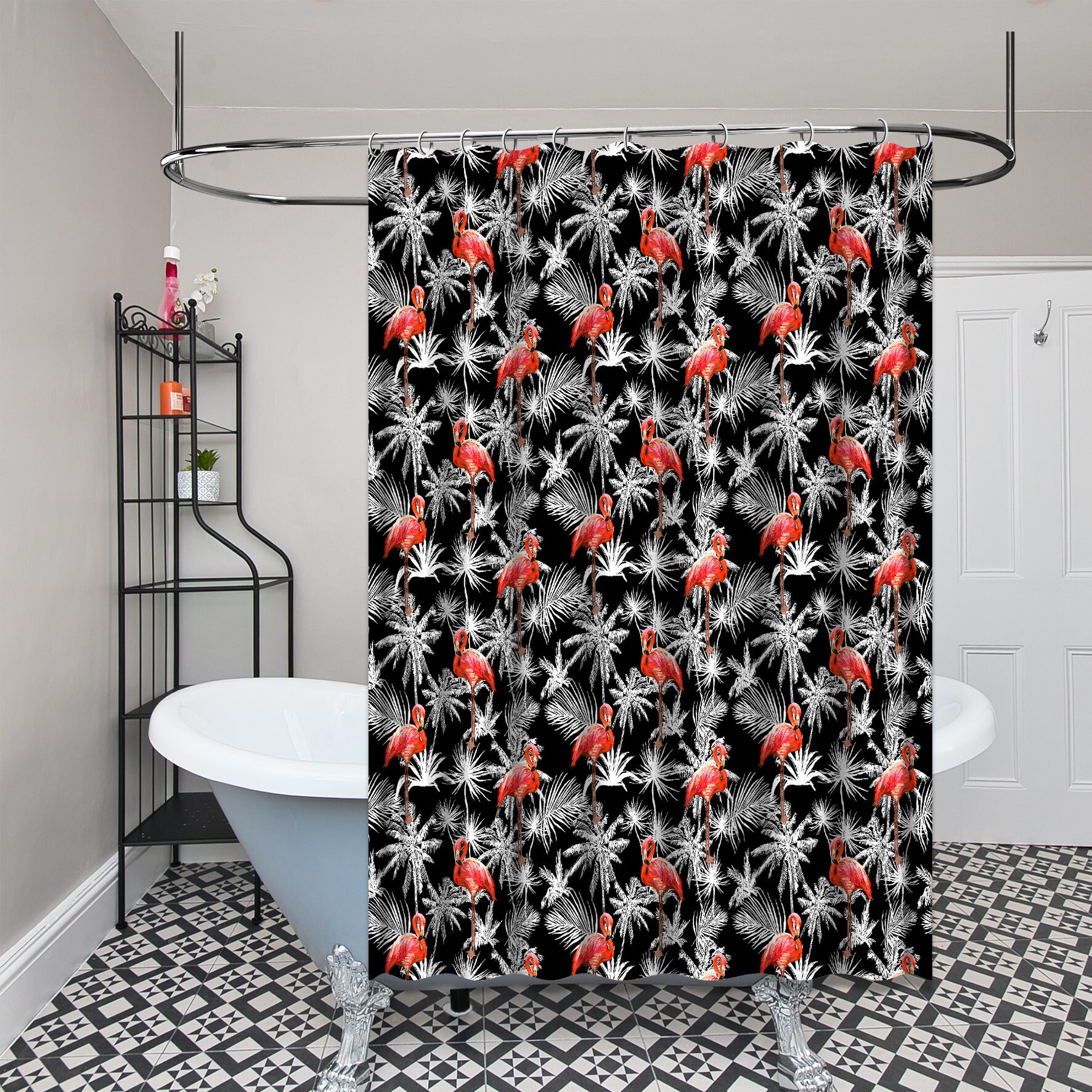 Fun and Multidimensional Flamingo with Palm Leaves Print Shower Curtain