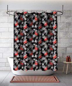Fun and Multidimensional Flamingo with Palm Leaves Print Shower Curtain