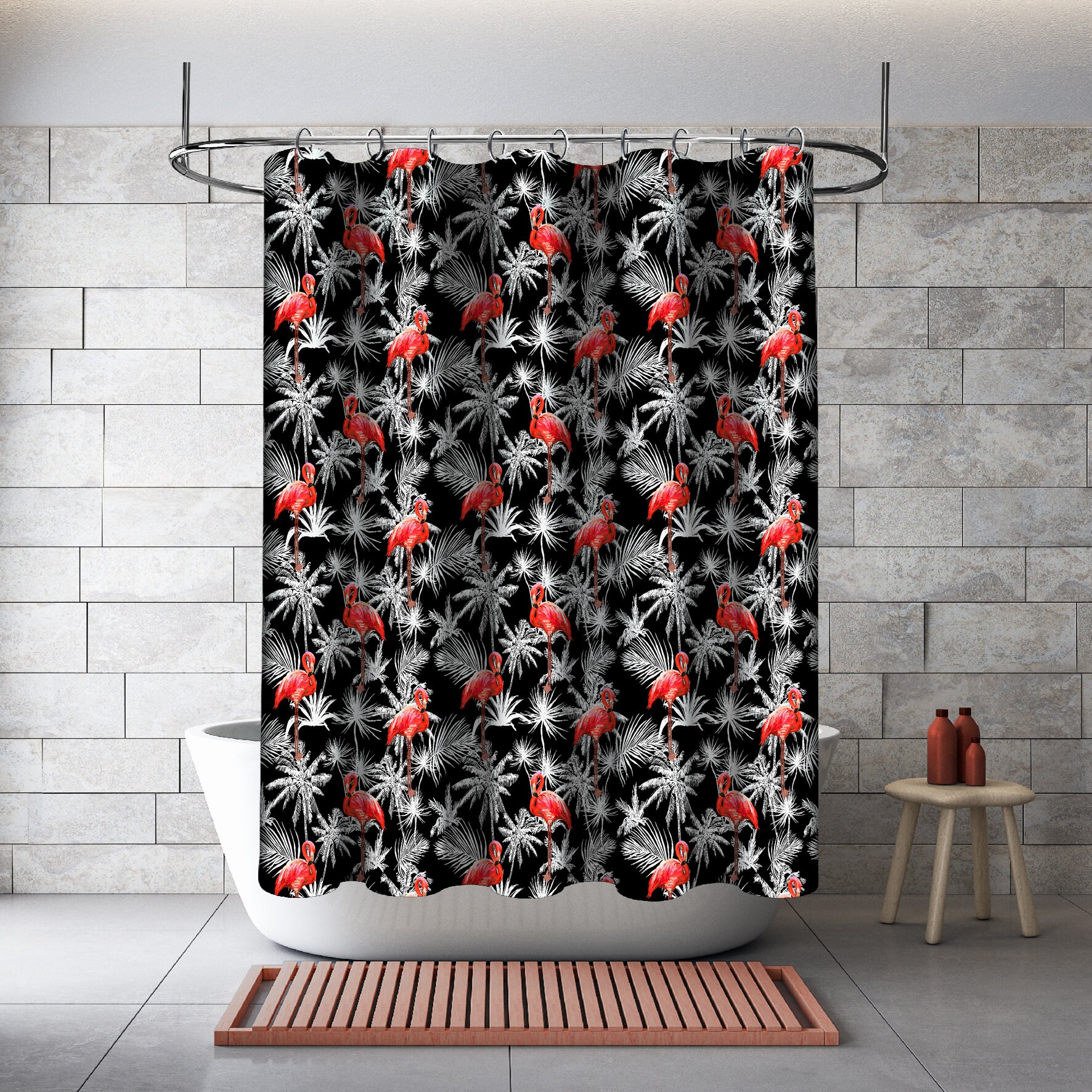 Fun and Multidimensional Flamingo with Palm Leaves Print Shower Curtain