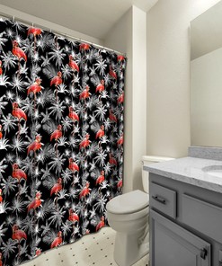 Fun and Multidimensional Flamingo with Palm Leaves Print Shower Curtain