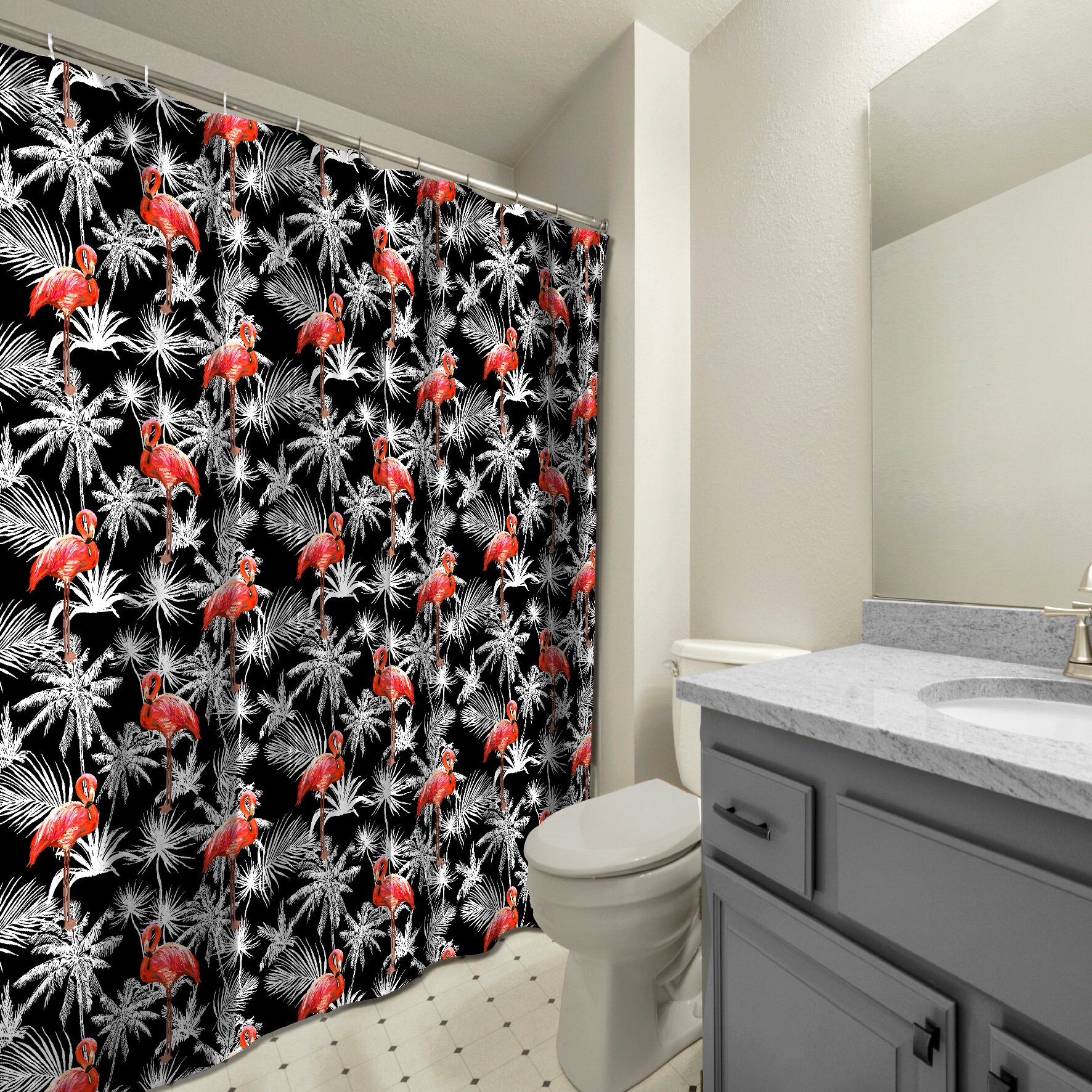 Fun and Multidimensional Flamingo with Palm Leaves Print Shower Curtain