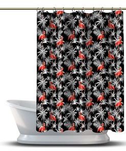 Fun and Multidimensional Flamingo with Palm Leaves Print Shower Curtain