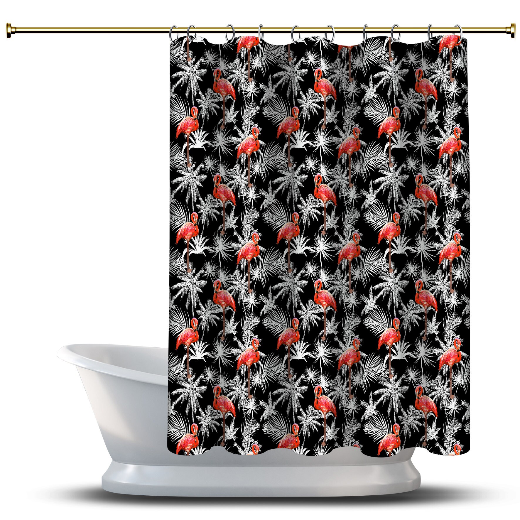 Fun and Multidimensional Flamingo with Palm Leaves Print Shower Curtain