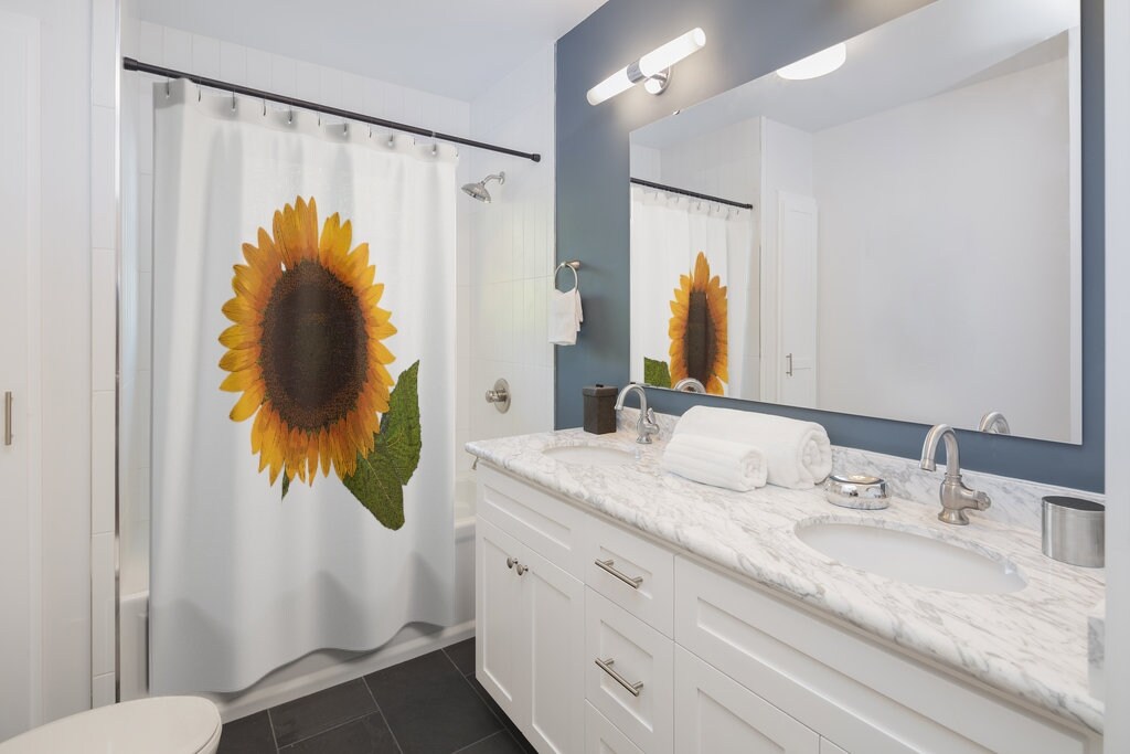 Fun and Playful Sunflowers Shower Curtain for Bathroom Decor by MobiusMoon